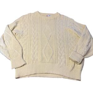 Vintage Isle Of Cotton Sweater Mens Large Light Yellow Cable Knit Made USA 90s